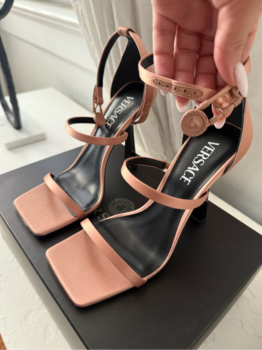 Versace Blush Pink Satin Strappy High Heel Sandals - 38